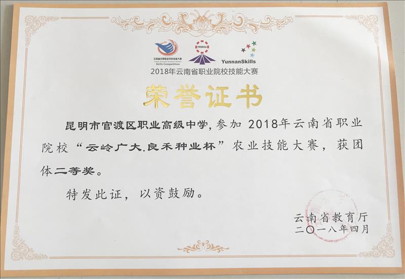 《2018年云南省中等职业学校“云岭广大.良禾中业杯”农业技能大赛团体二等奖》
